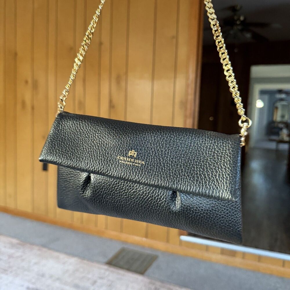 Black Pebbled Leather Shoulder Bag with Gold Chain